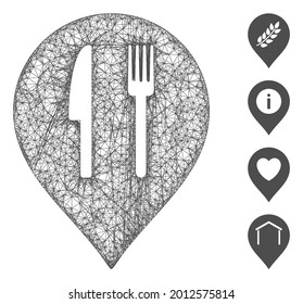Mesh cafe marker web icon vector illustration. Carcass model is based on cafe marker flat icon. Mesh forms abstract cafe marker flat model. wireframe 2D line network isolated on a white background.