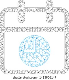 Mesh calendar page and time polygonal 2d vector illustration. Carcass model is based on calendar page and time flat icon. Triangular network forms abstract calendar page and time flat carcass.