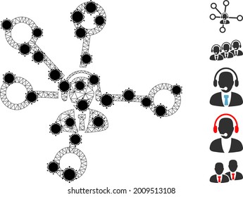 El centro de llamadas en malla vincula la ilustración de un vector de icono poligonal con elementos de infección negra. El modelo se basa en los vínculos de centro de llamadas con un icono plano, con nodos de virus y malla triangular.