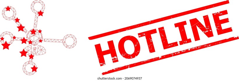 Mesh call center links polygonal icon vector illustration, and red HOTLINE corroded stamp imitation. Carcass model is created from call center links flat icon, with stars and triangular mesh.