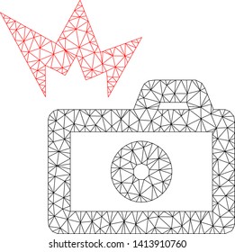 Mesh camera flash polygonal icon vector illustration. Carcass model is based on camera flash flat icon. Triangle net forms abstract camera flash flat carcass.
