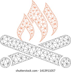 Mesh campfire polygonal icon vector illustration. Carcass model is based on campfire flat icon. Triangular net forms abstract campfire flat carcass.