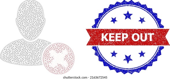 Mesh cancel user model icon, and bicolor grunge Keep Out seal. Polygonal carcass illustration created from cancel user icon. Vector seal with Keep Out title inside red ribbon and blue rosette,