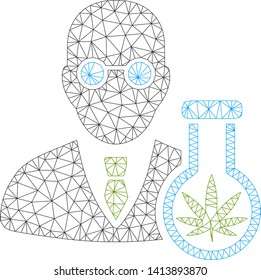 Mesh cannabis chemist polygonal icon vector illustration. Carcass model is based on cannabis chemist flat icon. Triangular mesh forms abstract cannabis chemist flat model.