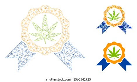 Mesh cannabis legalize model with triangle mosaic icon. Wire carcass polygonal mesh of cannabis legalize. Vector composition of triangle elements in variable sizes, and color tinges.