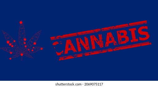 Ilustración vectorial de íconos poligonales de marihuana de malla y placa texturizada de CANNABIS roja. El modelo de canal se basa en un icono plano de cannabis, con estrellas y malla triangular. El nombre CANNABIS está entre líneas paralelas.