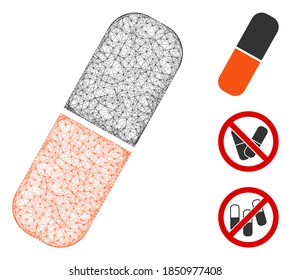 Mesh capsule polygonal web icon vector illustration. Carcass model is created from capsule flat icon. Triangle mesh forms abstract capsule flat carcass.