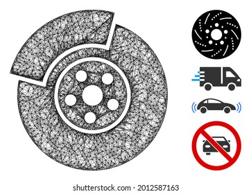 Mesh car brakes web 2d vector illustration. Carcass model is based on car brakes flat icon. Network forms abstract car brakes flat model. wireframe 2D web network isolated on a white background.
