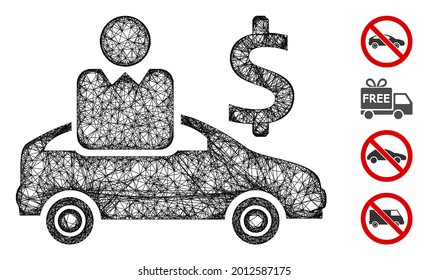 Mesh car buyer web icon vector illustration. Model is based on car buyer flat icon. Network forms abstract car buyer flat model. Wire frame 2D web network isolated on a white background.