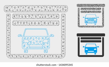 Mesh car garage open model with triangle mosaic icon. Wire frame polygonal mesh of car garage open. Vector mosaic of triangle elements in various sizes, and color hues.
