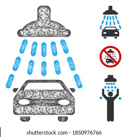 Ilustración vectorial de icono web poligonal de ducha de coches de malla. El modelo se basa en un icono plano de ducha de coche. La malla triangular forma una carcasa plana abstracta de ducha de coches.
