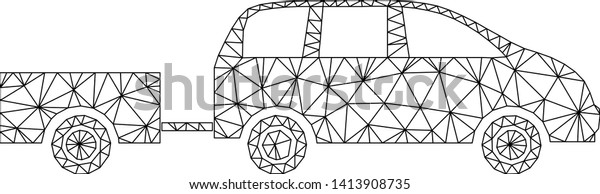 Mesh car trailer polygonal 2d\
vector illustration. Carcass model is based on car trailer flat\
icon. Triangle network forms abstract car trailer flat\
carcass.