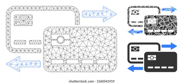 Mesh card to card payment model with triangle mosaic icon. Wire frame triangular mesh of card to card payment. Vector mosaic of triangle elements in various sizes, and color hues.