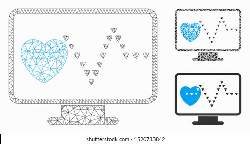 Mesh cardio monitoring model with triangle mosaic icon. Wire carcass polygonal network of cardio monitoring. Vector collage of triangle parts in variable sizes, and color tones.