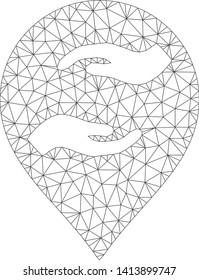 Mesh care hands marker polygonal 2d vector illustration. Carcass model is based on care hands marker flat icon. Triangle mesh forms abstract care hands marker flat model.