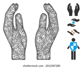 Mesh care manos web 2d ilustración vectorial. El modelo se crea a partir de un icono plano de manos de cuidado. La red forma un modelo de atención abstracta con manos planas. red web plana wireframe aislada en un fondo blanco.