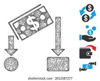 Mesh Cash Flow Web 2d Vector Illustration. Model Is Based On Cash Flow Flat Icon. Mesh Forms Abstract Cash Flow Flat Model. Wireframe Flat Line Network Isolated On A White Background.