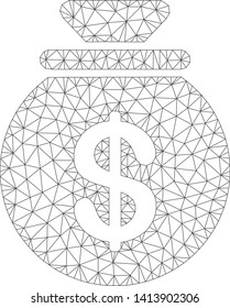 Mesh cash harvest sack polygonal symbol vector illustration. Carcass model is based on cash harvest sack flat icon. Triangle network forms abstract cash harvest sack flat model.