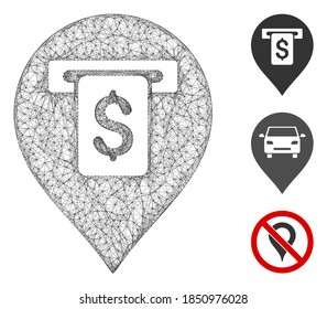Mesh cash machine pointer polygonal web icon vector illustration. Carcass model is based on cash machine pointer flat icon. Triangle network forms abstract cash machine pointer flat carcass.