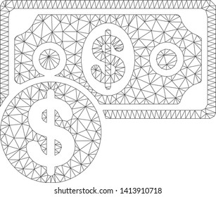 Mesh cash polygonal icon vector illustration. Carcass model is based on cash flat icon. Triangular network forms abstract cash flat model.