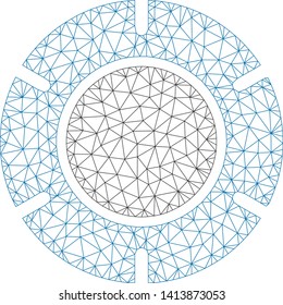Mesh casino chip polygonal 2d vector illustration. Carcass model is based on casino chip flat icon. Triangle network forms abstract casino chip flat carcass.