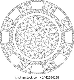 Mesh casino chip polygonal 2d vector illustration. Carcass model is based on casino chip flat icon. Triangle network forms abstract casino chip flat carcass.