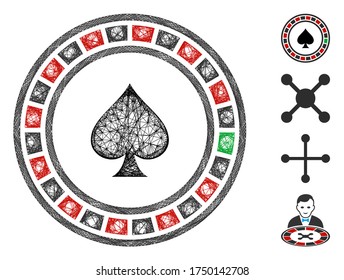 Mesh Casino Roulette Web-Symbol Vektorgrafik. Carcass-Modell basiert auf Casino Roulette flach Symbol. Mesh formt abstrakte Casino Roulette flachen Schlachtkörper.