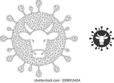 Mesh cattle flu virus model icon. Wire frame triangular mesh of vector cattle flu virus isolated on a white background. Abstract 2d mesh designed with triangular lines and circle nodes.