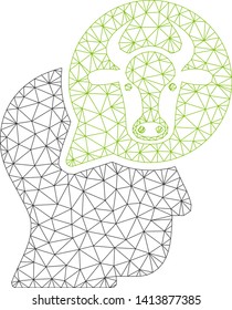 Mesh cattle thinking person polygonal icon vector illustration. Model is based on cattle thinking person flat icon. Triangle net forms abstract cattle thinking person flat carcass.