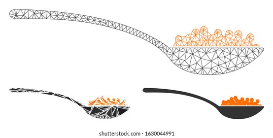 Mesh caviar spoon model with triangle mosaic icon. Wire frame triangular mesh of caviar spoon. Vector collage of triangle elements in variable sizes, and color tinges. Abstract flat mesh caviar spoon,