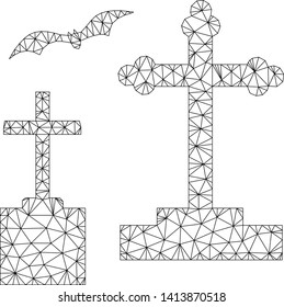 Mesh cemetery polygonal icon vector illustration. Carcass model is based on cemetery flat icon. Triangular mesh forms abstract cemetery flat carcass.