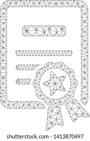 Mesh certificate polygonal 2d vector illustration. Carcass model is based on certificate flat icon. Triangle network forms abstract certificate flat model.