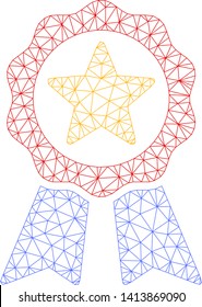 Mesh certificate seal polygonal icon vector illustration. Carcass model is based on certificate seal flat icon. Triangular network forms abstract certificate seal flat carcass.