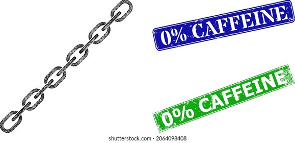 Mesh chain model, and 0 percent Caffeine blue and green rectangular textured stamps. Mesh wireframe image designed with chain icon. Stamps include 0 percent Caffeine title inside rectangular form.
