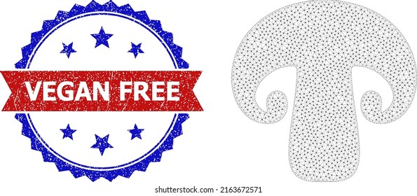 Mesh champignon carcass illustration, and bicolor rubber Vegan Free seal. Mesh carcass symbol designed with champignon pictogram.