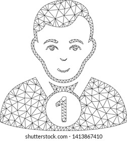 Mesh champion polygonal 2d vector illustration. Carcass model is based on champion flat icon. Triangular network forms abstract champion flat carcass.