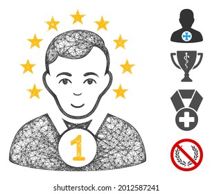 Mesh champion web icon vector illustration. Carcass model is based on champion flat icon. Net forms abstract champion flat carcass. wireframe flat web network isolated on a white background.