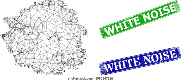 Mesh charcoal textured spot model, and White Noise blue and green rectangular textured stamp seals. Mesh carcass image designed with charcoal textured spot pictogram.