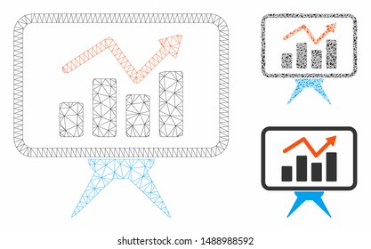 Mesh chart report panel model with triangle mosaic icon. Wire frame polygonal mesh of chart report panel. Vector mosaic of triangle elements in various sizes, and color hues.