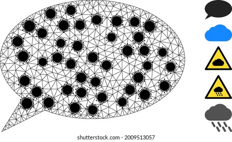 Mesh chat cloud polygonal icon vector illustration, with black coronavirus items. Carcass model is created from chat cloud flat icon, with coronavirus items and triangle net.