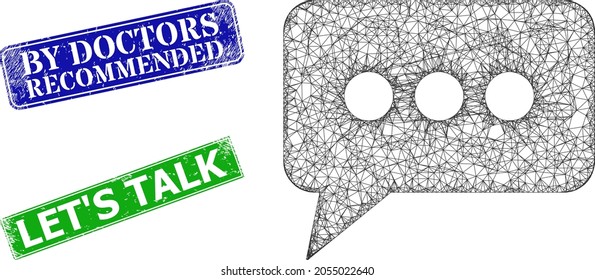 Mesh chat message model, and By Doctors Recommended blue and green rectangle unclean seals. Polygonal carcass image is based on chat message pictogram.