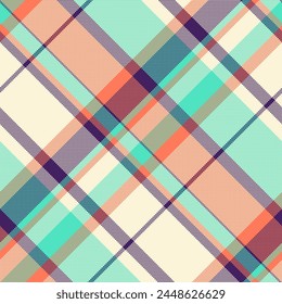 Mesh check texture vector, fibrous plaid fabric seamless. Cosy textile background pattern tartan in papaya whip and teal colors.