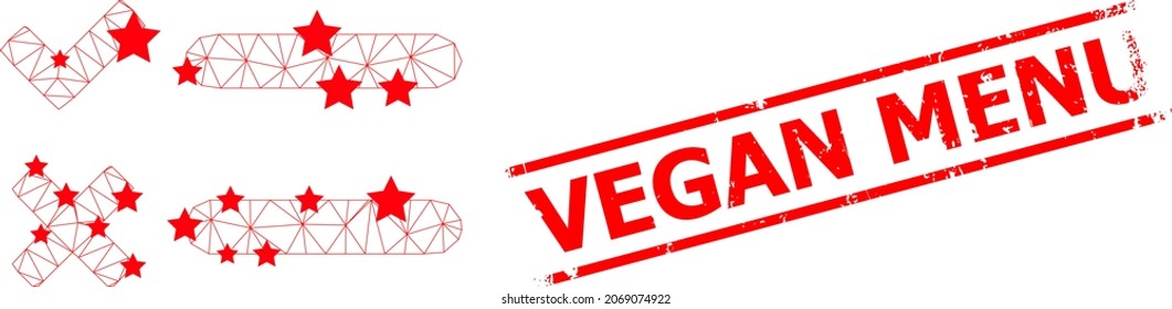 Mesh checklist polygonal icon vector illustration, and red VEGAN MENU textured stamp seal. Carcass model is created from checklist flat icon, with stars and triangle mesh.