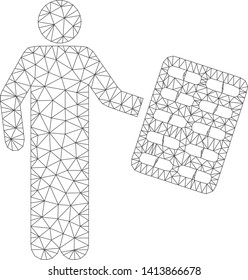 Mesh chemist with blister polygonal 2d vector illustration. Model is based on chemist with blister flat icon. Triangle mesh forms abstract chemist with blister flat model.