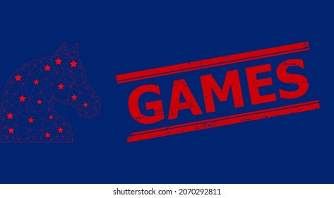 Mesh chess horse polygonal icon vector illustration, and red GAMES scratched watermark. Model is based on chess horse flat icon, with stars and triangular net. GAMES phrase is between parallel lines.