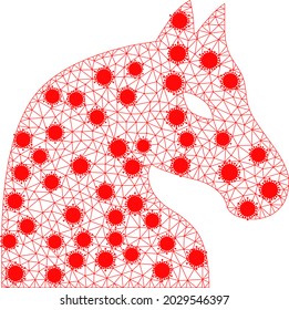 Mesh chess horse polygonal symbol vector illustration, with Covid items. Model is created from chess horse flat icon, with covid centers and polygonal mesh.