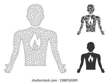 Mesh chest pain model with triangle mosaic icon. Wire frame polygonal mesh of chest pain. Vector composition of triangle parts in different sizes, and color tones. Abstract 2d mesh chest pain,