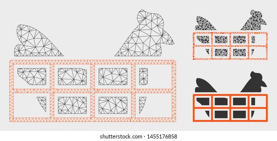 Mesh chicken cage model with triangle mosaic icon. Wire carcass triangular mesh of chicken cage. Vector mosaic of triangle elements in various sizes, and color tinges. Abstract 2d mesh chicken cage,