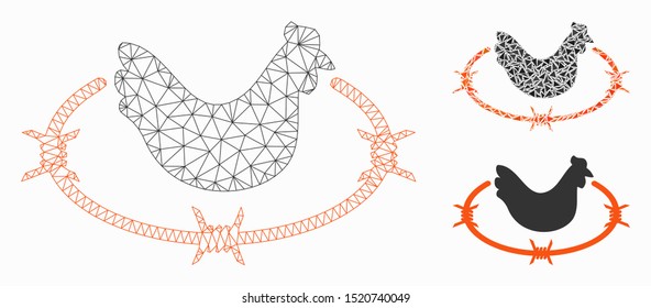 Mesh chicken farm model with triangle mosaic icon. Wire frame polygonal mesh of chicken farm. Vector mosaic of triangle parts in different sizes, and color tints. Abstract 2d mesh chicken farm,