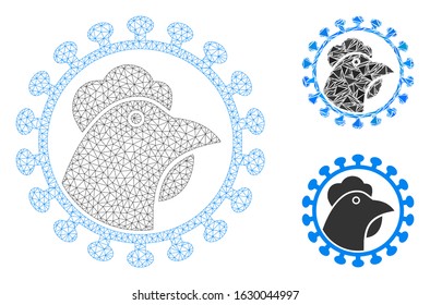 Mesh chicken flu virus model with triangle mosaic icon. Wire frame triangular mesh of chicken flu virus. Vector mosaic of triangle elements in various sizes, and color tones.